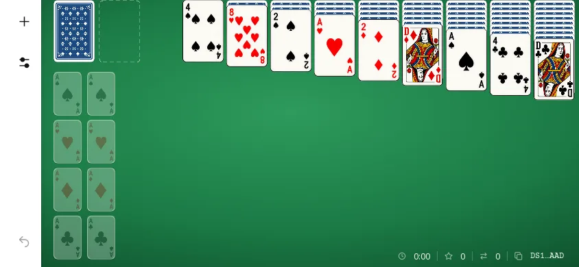 Double Solitaire sur téléphone tenu à l’horizontale, début de partie sur le tapis vert : la pioche au dos bleu, la défausse vide, huit fondations vides et neuf colonnes de une à neuf cartes, une seule visible par colonne ; le temps, le score et le nombre de coups à zéro.